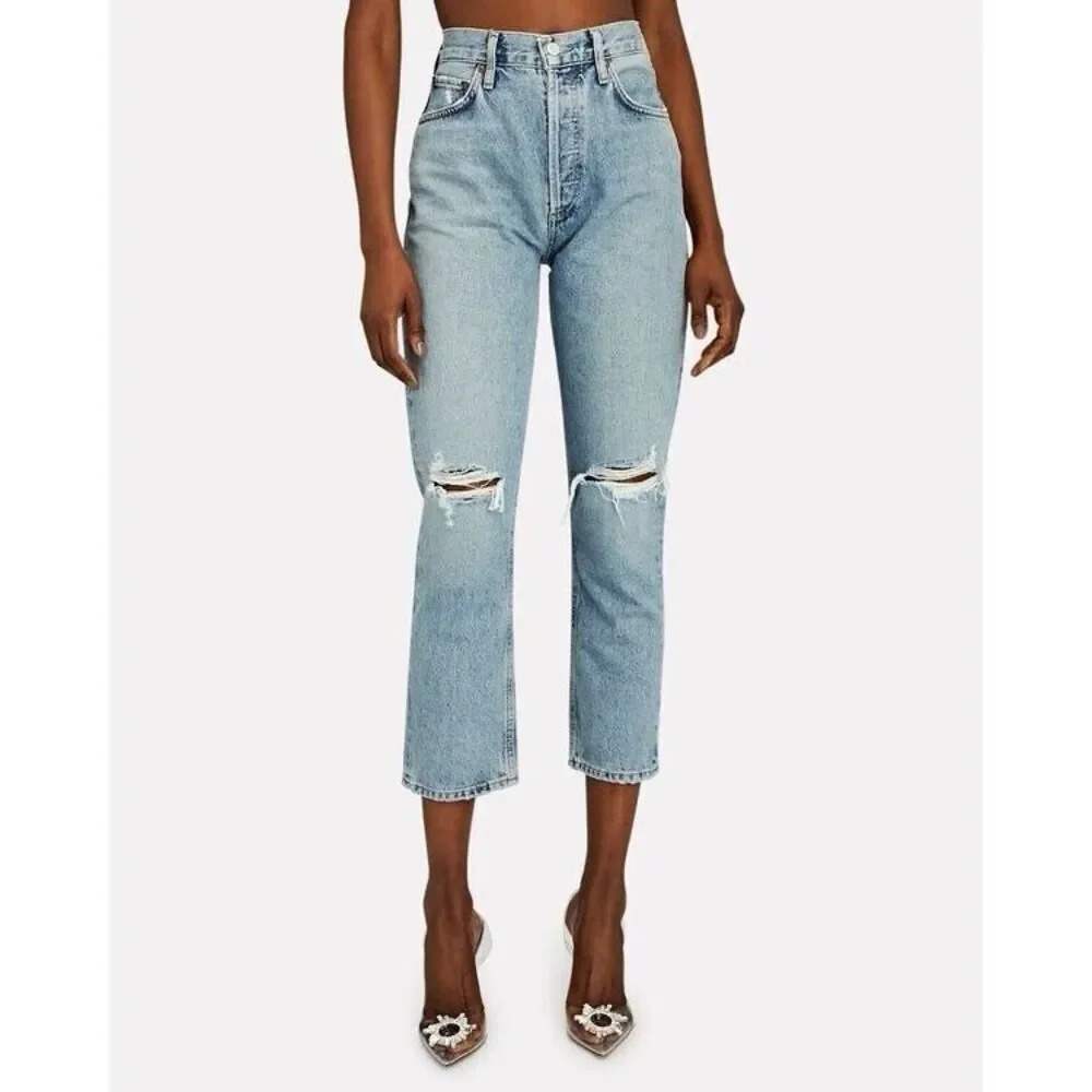 Agolde NWT Womens Riley High Rise Straight Crop Distressed Jeans Size 28 Denim